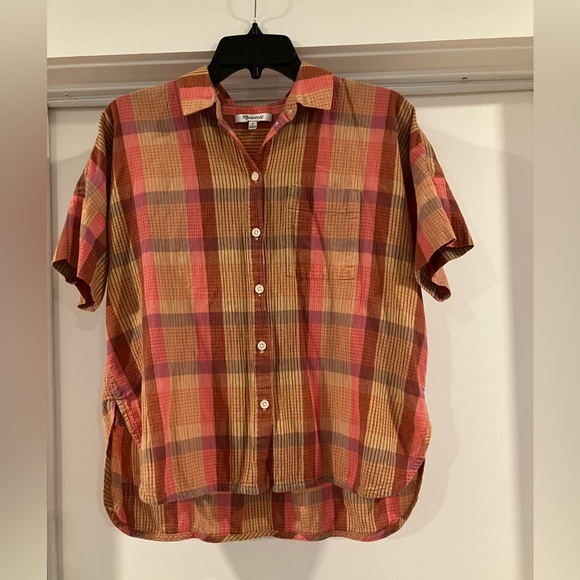 Madewell Daily Shirt in Neon Madras Plaid, pink/yellow/orange, sz X-small, EUC - Picture 4 of 6